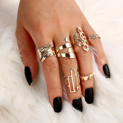 Ramiart Leaf Crown Geometric Articulation Rings 6 Piece Combination Rings - RAMI ART
