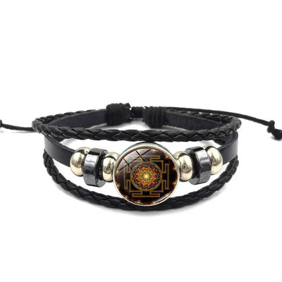 Ramiart Sacred Geometry Sri Yantra Glass Buckle Charm Bracelets & Bangles Multilayer Leather Bracelets for Women Men Jewelry - RAMI ART