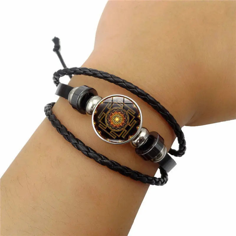 Ramiart Sacred Geometry Sri Yantra Glass Buckle Charm Bracelets & Bangles Multilayer Leather Bracelets for Women Men Jewelry - RAMI ART