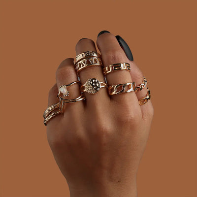 Ramiart Leaf Crown Geometric Articulation Rings 6 Piece Combination Rings - RAMI ART