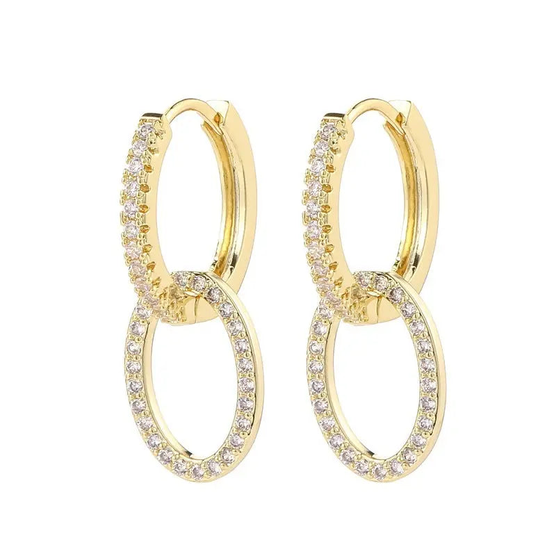 Boucles d'oreilles Zircon Ramiart dorées à deux anneaux croisés, style coréen moderne avec zircon étincelant pour sublimer vos tenues.