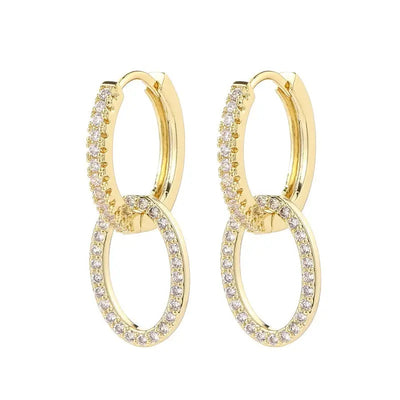 Boucles d'oreilles Zircon Ramiart dorées à deux anneaux croisés, style coréen moderne avec zircon étincelant pour sublimer vos tenues.