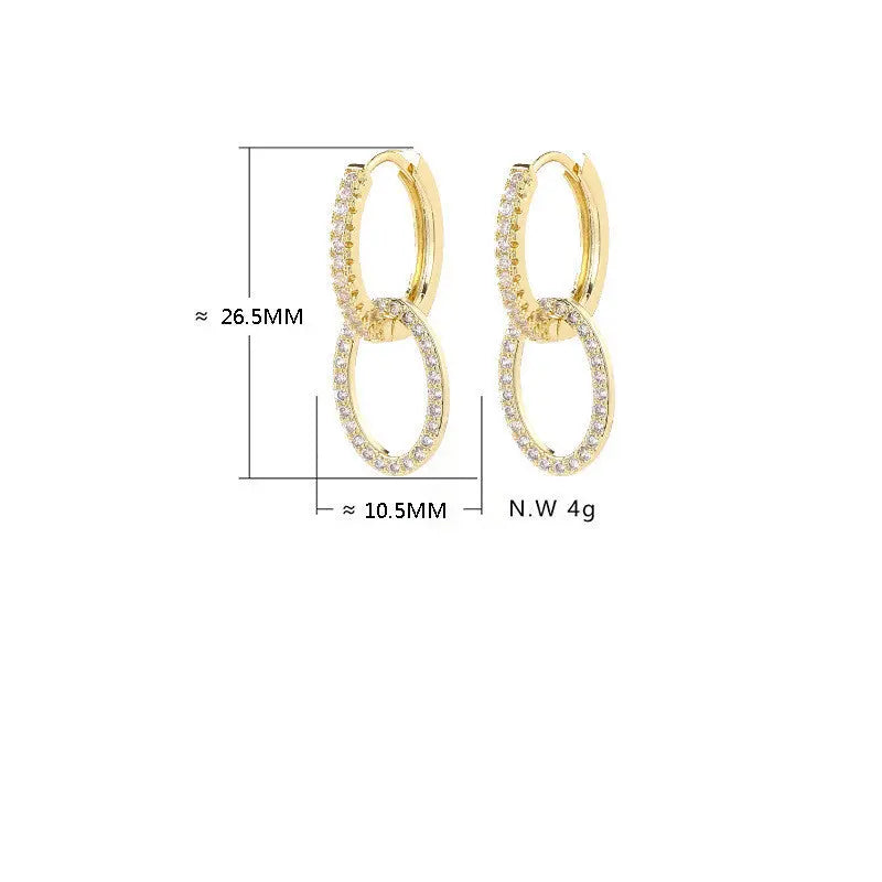 Boucles d'oreilles Zircon Ramiart dorées avec dimensions détaillées, design coréen à deux anneaux croisés pour un style géométrique chic.