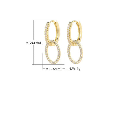 Boucles d'oreilles Zircon Ramiart dorées avec dimensions détaillées, design coréen à deux anneaux croisés pour un style géométrique chic.