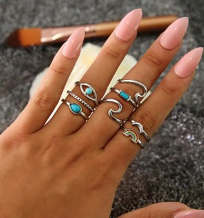 Ramiart Leaf Crown Geometric Articulation Rings 6 Piece Combination Rings - RAMI ART