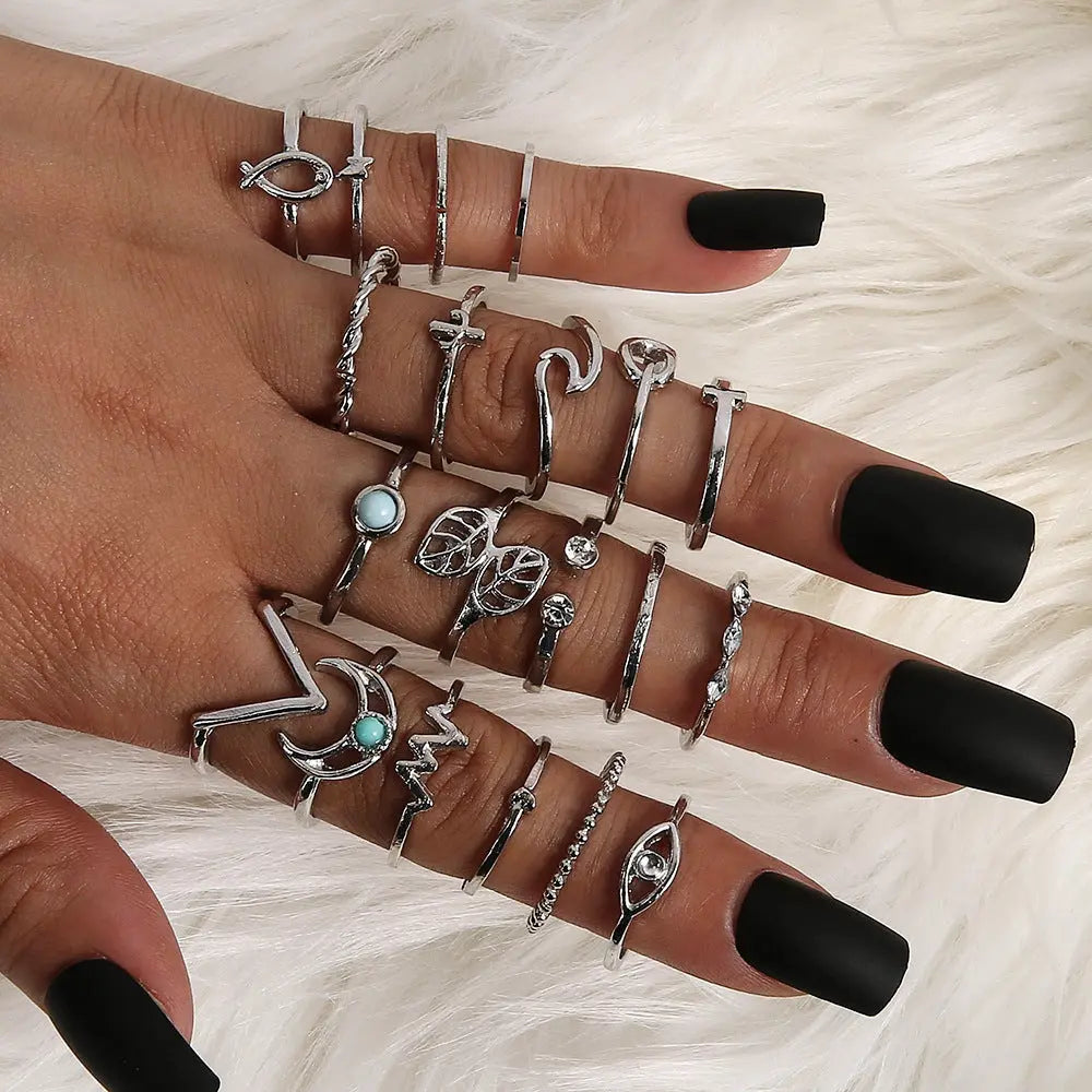 Ramiart Leaf Crown Geometric Articulation Rings 6 Piece Combination Rings - RAMI ART