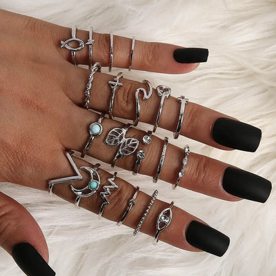 Ramiart Leaf Crown Geometric Articulation Rings 6 Piece Combination Rings - RAMI ART